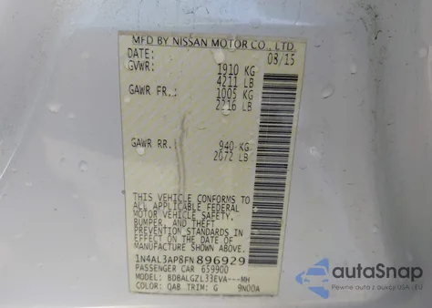 2015 Nissan Altima 2.5 S z USA, uszkodzony, nr VIN 1N4AL3AP8FN896929